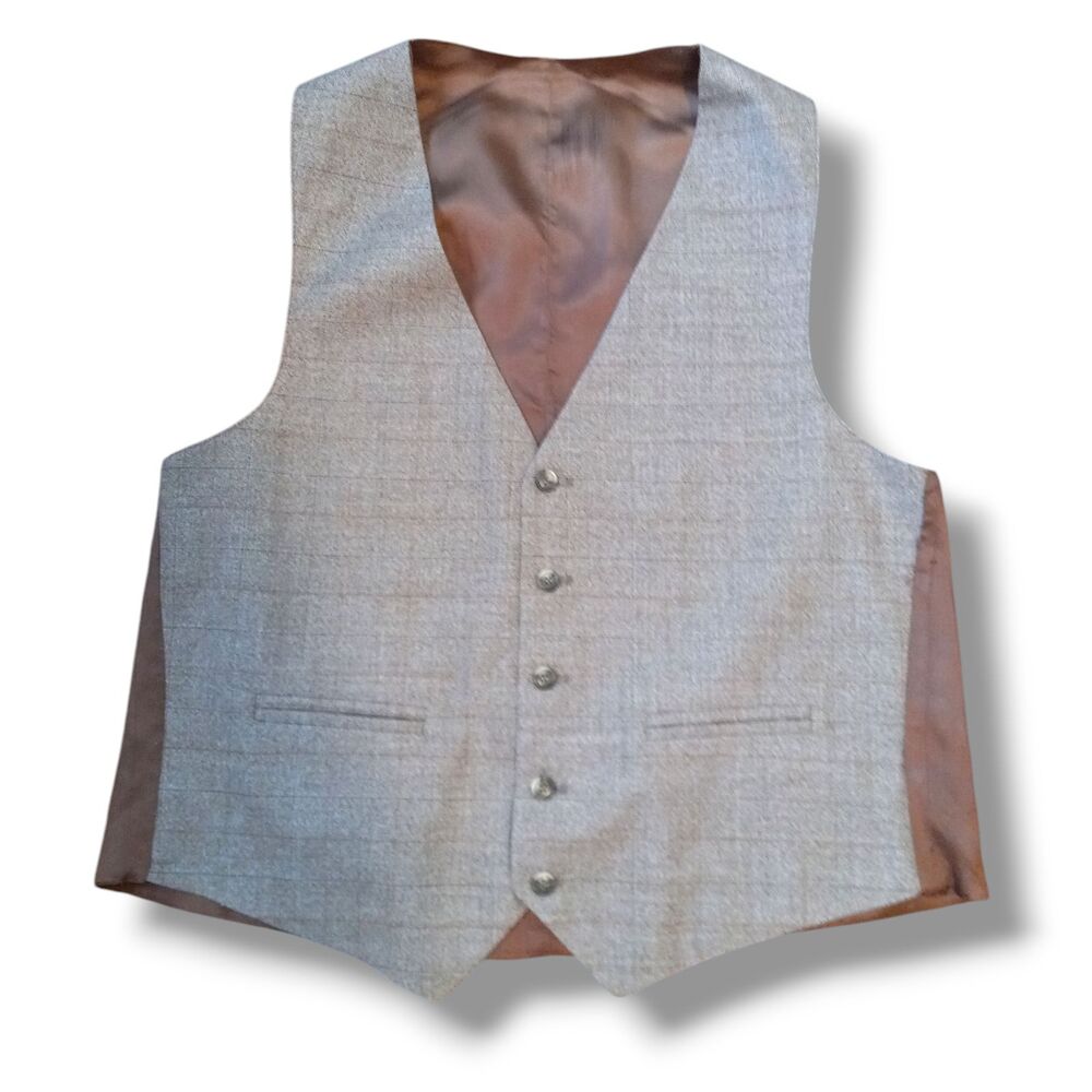 Vintage Mens Tweed Plaid Suit Vest-Large-Lined-Pockets-Preppy-Ivy League-Brown